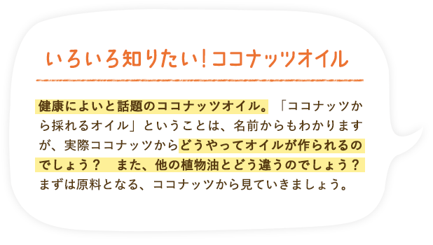 いろいろ知りたい！ココナッツオイル 健康によいと話題のココナッツオイル。「ココナッツから採れるオイル」ということは、名前からもわかりますが、実際ココナッツからどうやってオイルが作られるのでしょう？　また、他の植物油とどう違うのでしょう？まずは原料となる、ココナッツから見ていきましょう。